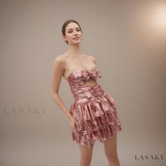 Lasaky - Stunning Party Dress: Pink Strapless Dress with Hollowed-out Pleats, Butterfly Bow, and Square Sequins Backless Strapless Dress With Ruffles For Party, Backless Ruffled Dress For Party, Strapless Mini Evening Dress For Summer, Summer Party Strapless Mini Dress, Summer Strapless Mini Evening Dress, Summer Mini Strapless Dress For Evening, Party Strapless Mini Dress With Ruffles, Ruffled Strapless Mini Dress For Party, Party Dress Pink