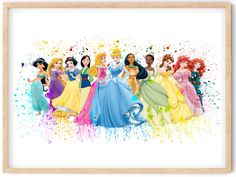 the disney princesses are all dressed up in their dresses and tiara, with paint splatters on them