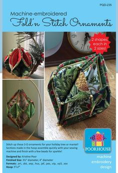 the instructions for making an origami christmas decoration with fabric and thread, including poinsettis