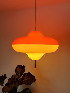 an orange and yellow light hanging from a ceiling fixture next to a potted plant