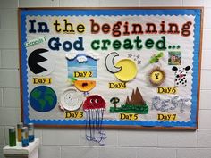 a bulletin board with words and pictures on it in the beginning god created day 3