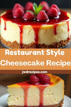 the cheesecake is topped with raspberries and sauce