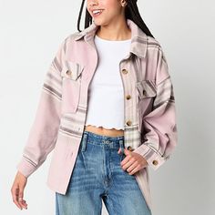 This oversized plaid shirt jacket from Arizona Jeans Co. junior's collection is perfect for layering while staying on trend. Made from soft knit, it has a classic point collar, drop shoulders, chest flap pockets, and long sleeves with button cuffs. Wear it layered over a t-shirt with jeans.Closure Type: ButtonFit: Regular FitNeckline: Collar NeckPockets: 2 Chest Button PocketsSleeve Length: Long SleeveWarmth Factor: MidweightApparel Length: 29.5 InchesOuterwear Length: MidFiber Content: 100% Pol Oversized Plaid Shirts, Junior Shirts, Shirt Jackets, Arizona Jeans, Soft Knits, Plaid Shirt, Shirt Jacket, Arizona, Layering