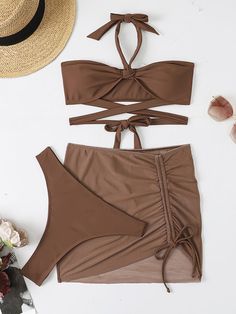 Brown Swimwear, Solid Color Bikinis, Skirt Coverup, Skirted Swimsuit, Womens Halter Tops, Coverup Skirt, Red Swimsuit, Women Halter, Mesh Skirt