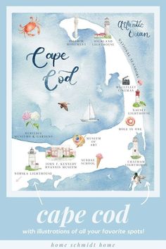 the cape coast map with illustrations of all your favorite spots in blue, white and pink