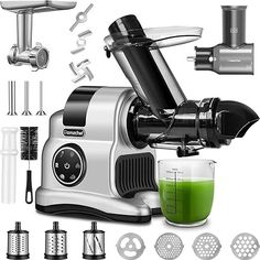 an image of a juicer with various attachments and tools to make smoothies