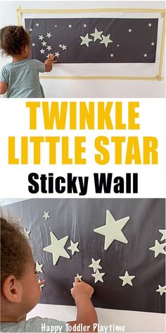 a little boy painting stars on a wall with the words twinkle little star sticky wall