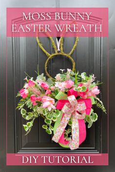 an easter wreath with pink flowers and green leaves on the front door, is shown