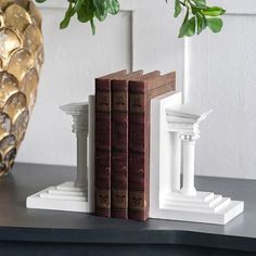 two books are sitting on a shelf next to a vase with green plants in it