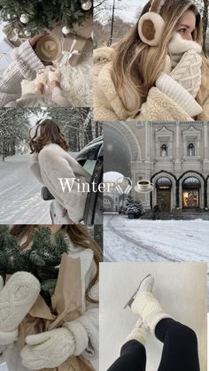 the collage shows several different pictures of women in winter clothing and hats, including mittens