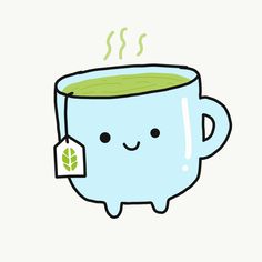 a blue mug filled with green tea and steam coming out of it's face