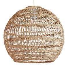 a round light fixture made out of wicker with a white cord hanging from the ceiling