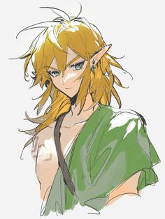 an anime character with blonde hair and blue eyes, wearing a green shirt in front of a white background