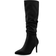 A silhouette updates a fashion-forward knee-high boot without a zipper lofted by a stiletto high heel and finished with a classic, pointy toe. These boots can be paired perfectly with your winter dresses. Knee High Boots; Stiletto Heel; Side Zip; Vamp: Faux Suede; Outsole: Rubber; Heel: ABS; Heel Height: 3 1/3 inches; Shaft Height: 14 4/7 inches. Knee High Boots Black, Heel Knee High Boots, Closed Toe Shoes, High Heels Stilettos, Black 7, Winter Dresses, Boots Black, Stiletto Heel, Knee High Boots