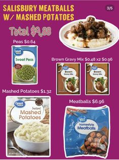 an advertisement for meatballs and mashed potatoes with prices on the front, including $ 3