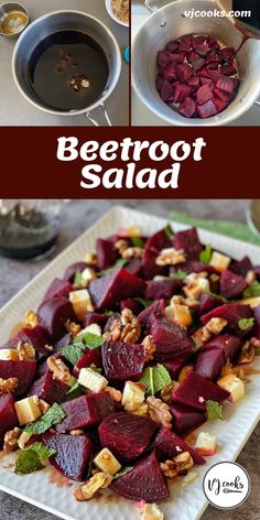 beetroot salad with walnuts and mint leaves on a white plate next to a bowl of dressing