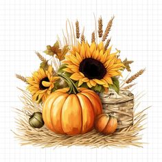 a pumpkin and sunflowers are sitting on some hay