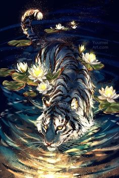 a tiger is swimming in the water with lily pads