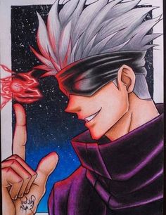 a drawing of an anime character pointing to the sky with his finger in front of him