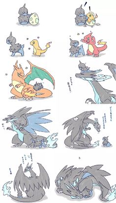 several different types of pokemons in various poses, with their tails spread out and eyes closed