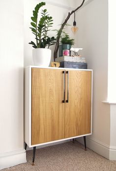 a wooden cabinet sitting next to a plant on top of a white wall in a room