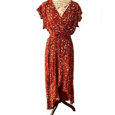 Beautiful Red Bohemian High-Lo Maxi Dress, Ties At Waist, Short Ruffled Sleeves, Size Large, Nwt!