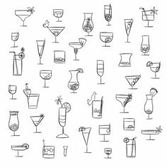 a bunch of glasses that are drawn in black ink on white paper, each with different drinks