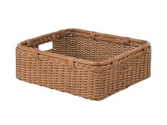 a brown wicker basket on a white background