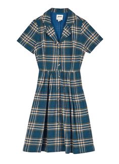 Pepper Check Print Shirt Dress | Vintage-Inspired Blue Tartan Dress | Joanie Plaid Cotton Button-up Shirt Dress, Short Sleeve Shirt Dress For Fall Daywear, Classic Knee-length Shirt Dress With Placket, Blue Short Sleeve Shirt Dress For Fall, Summer Plaid Dress With Short Sleeves, Short Sleeve Shirt Dress With Button Closure For Fall, Fitted Short Sleeve Shirt Dress For Fall, Casual Button-up Plaid Dress, Classic Short Sleeve Shirt Dress With Buttons