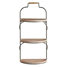 three tiered metal and wood shelf