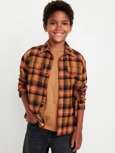 spread collar long sleeves buttoned cuffs button-flap patch pockets at chest all-over plaid relaxed fit hits below waist models are approx.  4’3” – 4’8” and wear size m (8)machine wash according to the care instruction label Everyday Brown Button-up Flannel Shirt, Brown Plaid Flannel, Classic Brown Button-up Flannel Shirt, Brown Button-up Cotton Flannel Shirt, Brown Button-up Flannel Shirt With Pockets, Pajamas Gift, Family Pajamas, Pocket Shirt, Family Maternity