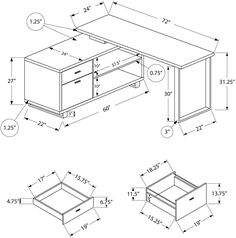 the drawing shows an office desk with two drawers and one drawer on each side, as well as measurements