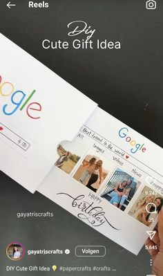 someone holding up a google gift card with pictures on it and the words google below