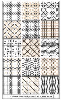 a collection of blackwork patterns in orange and white