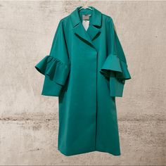 New With Tags Boxy Fit Spring Formal Outerwear With Ruffles, Spring Formal Ruffled Outerwear, Fall Blue Ruffled Outerwear, Faux Fur Lined Coat, Fur Lined Coat, Rain Trench Coat, Lightweight Trench Coat, Tan Trench Coat, Green Trench Coat