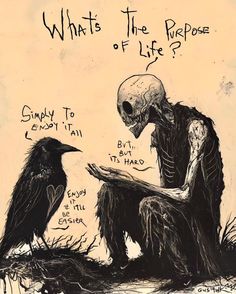 a drawing of a skeleton sitting next to a crow