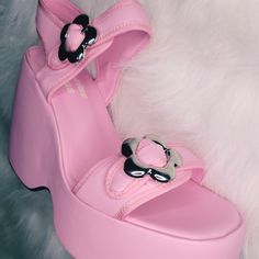 Ezra Pink Flower Power Platform Sandals – Nectarine Dreams LLC Shoe References, Pink Platform Sandals, Pink Platform, Pink Platforms, Kawaii Shoes, Nectarine, Blue Raspberry, Bubblegum Pink, Platform Wedges