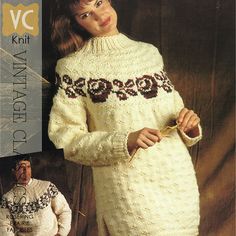 a woman wearing a white sweater and matching pants is holding a knitting needle in front of her face