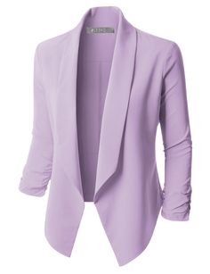 Sharpen your wardrobe with this lightweight open front draped tuxedo blazer jacket. A softly draped open-front silhouette softens the look while the asymmetrical hem adds a modern touch to this blazer. This blazer is perfect for either professional environment or for casual wear. Feature - 97% Polyester / 3% Spandex - Lightweight, ultrasoft material for comfort / No closure - Draped front / Asymmetrical hem / 3/4 Ruched sleeves - Shorter length - Machine wash or hand wash cold / Do not bleach - Elegant Open Front Solid Color Blazer, Tailored Purple Blazer For Semi-formal Occasion, Elegant Single Button Purple Blazer, Semi-formal Purple Single-breasted Blazer, Elegant Purple Blazer With Button Closure, Classy Wear, Tuxedo Women, Chic Fashionista, Lawyer Outfit