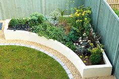 an outdoor garden area with various plants and flowers in the center, along side a fence