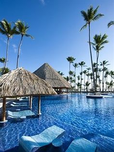 an outdoor swimming pool with lounge chairs and thatched umbrellas next to palm trees