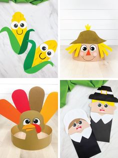 thanksgiving crafts for kids with paper turkeys and corn on the cob, pilgrim's hat