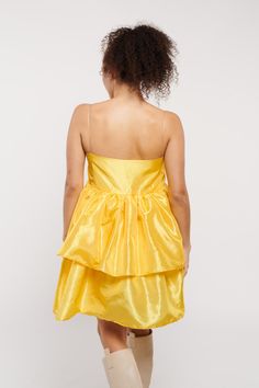 Brighten up any room with our Vibrant Yellow Dress by Madeline Marie. This stunning piece features a bold yellow hue and a playful, voluminous skirt. The sweetheart neckline and spaghetti straps add a touch of femininity, making it perfect for parties, events, and sunny days. Yellow Dress With Sweetheart Neckline And Fitted Bodice, Yellow Dresses With Ruffles And Fitted Bodice, Yellow Strapless Dress With Fitted Bodice, Yellow Cocktail Dress With Spaghetti Straps, Yellow Party Dress With Ruffled Straps, Yellow Dresses With Ruffled Straps For Party, Yellow Dresses With Adjustable Straps, Make A Dress, Suede Hat