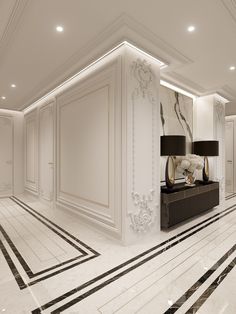 a large white room with black and gold accents