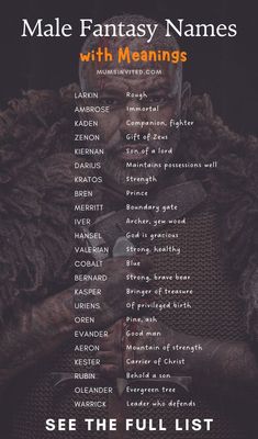 the poster for male fantasy names with meaningss