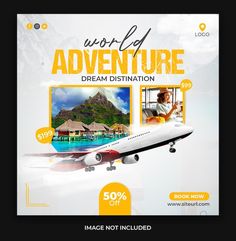 an advertisement for a travel company with a plane in the sky and mountains behind it