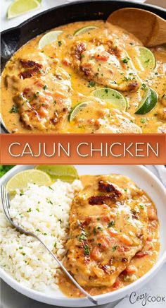 cajun chicken with rice and limes in a skillet