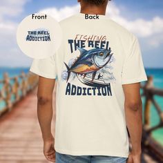 This tee is the perfect casual cool comfort a fisherman needs day and night.  Solid color tees are 100% cotton.  It's the perfect gift for any occasion and for anyone who thinks FISHING IS THE REEL ADDICTION.   If you prefer another color than the options provided please feel free to message me.   For more styles visit my store: https://www.etsy.com/shop/DSeaDesigns?header&section_id=46733929 ►Process to place an order.   1.  Please select the size.   2. Please select color of the shirt from dro Casual Pre-shrunk T-shirt For Fishing, Graphic Print Shirt For Fishing In Summer, Crew Neck T-shirt For Summer Fishing, Summer Crew Neck T-shirt For Fishing, Summer Fishing T-shirt With Crew Neck, Fish Shirt, Funny Fishing Shirts, Tuna Fish, Funny Fishing