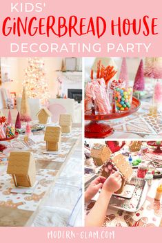 kids'gingerbread house decorating party collage with text overlay that reads, kids'gingerbread house decorating party