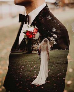 a man in a tuxedo with flowers on his lapel, standing next to a woman wearing a wedding dress